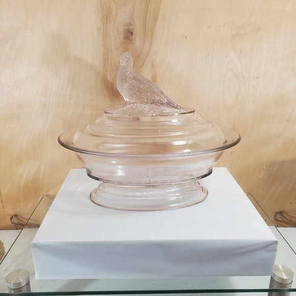 Pheasant and Ivy Lid Oval Dish 9.75"L clear with pink cast - Picture 2 of 12